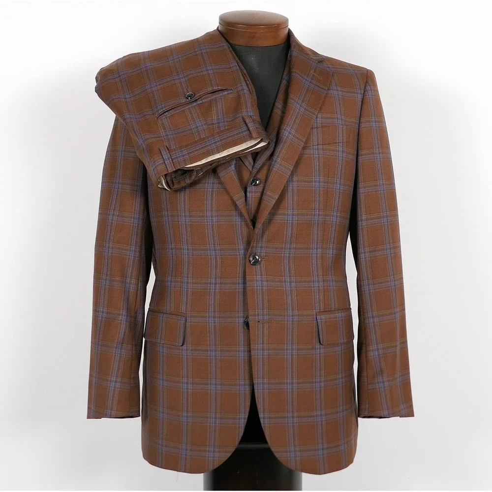 Joseph Abboud Mens 3 Piece Suit 38R Brown Blue Plaid Reda Super 130s Wool USA